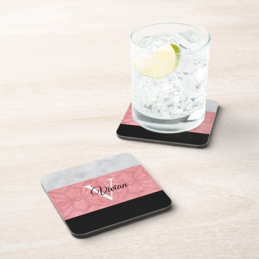 Dessous-de-verre Batik Rose Ruddy Et Aquarelle Gris Monogramme (Côté Droit)