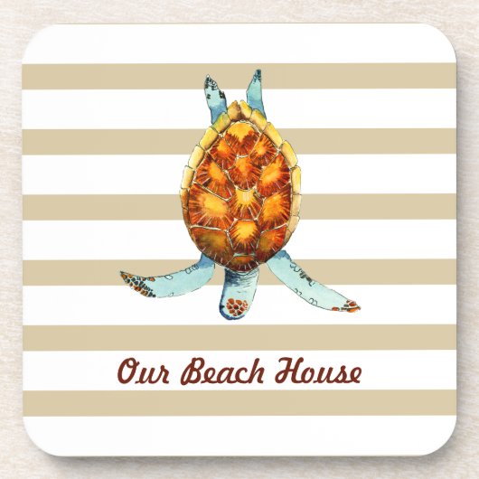 Dessous-de-verre Beach House Coussin avec tortue de mer sur Tan Str (Devant)
