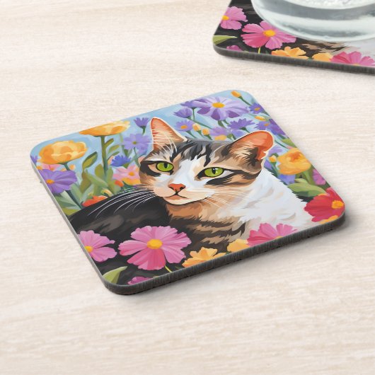 Dessous-de-verre Beau chat avec fleurs (Côté gauche)