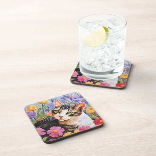 Dessous-de-verre Beau chat avec fleurs (Côté Droit)