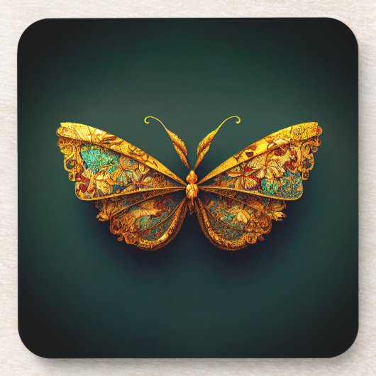 Dessous-de-verre Beau Papillon Turquoise Orné Or Vert (Devant)