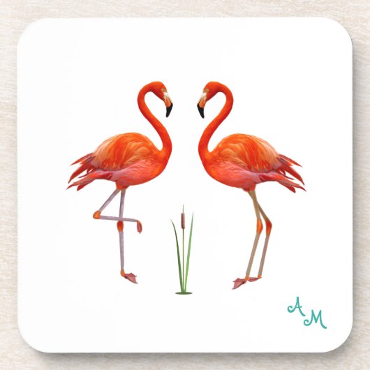 Dessous-de-verre Beaux oiseaux flamants roses & monogramme sur fond (Devant)