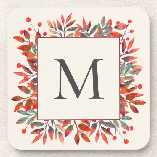 Dessous-de-verre Berries rouges et Feuilles verts Monogramme (Devant)