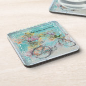 Dessous-de-verre Bicycle with flower baskets on blue burlap (Côté gauche)