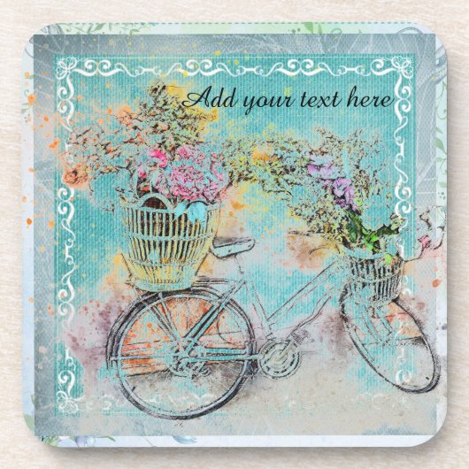 Dessous-de-verre Bicycle with flower baskets on blue burlap (Devant)