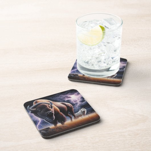Dessous-de-verre Bison et loup dans un orage avec éclair (Côté Droit)