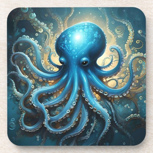 Dessous-de-verre Bleu Octopus Acrylique Abstraite, (Devant)