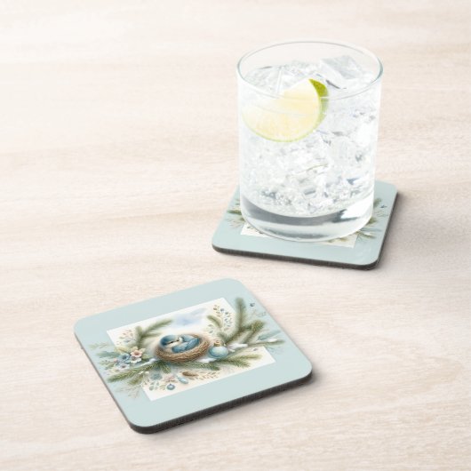 Dessous-de-verre Bluebird Nest with Ornaments in Winter Pines (Côté Droit)