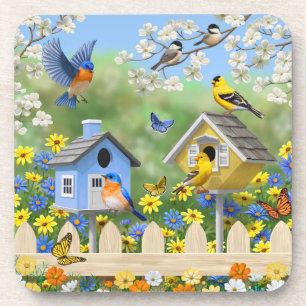 Dessous-de-verre Bluebirds Goldfinches Birdhouses Jardin aux fleurs
