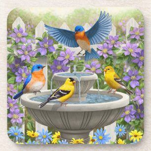 Dessous-de-verre Bluebirds Goldfinches et fontaine Birdbath