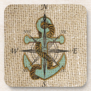 Dessous-de-verre boho chic burlap nautique boussole bleu ancre