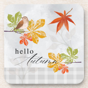 Dessous-de-verre Bonjour automne avec les feuilles d'oiseaux et d'a