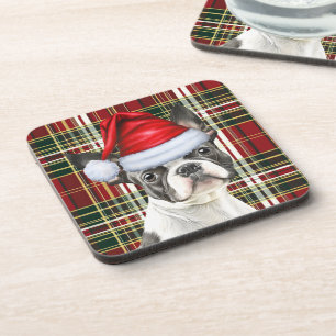Dessous-de-verre Boston Terrier Chien Green Red Holiday Plaid