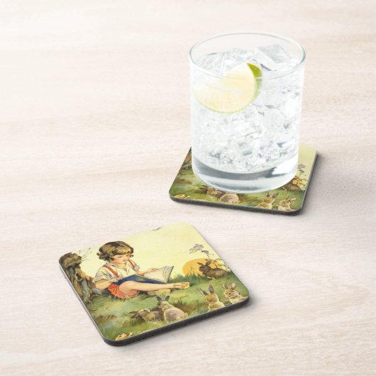 Dessous-de-verre Boy reading under tree with rabbits (Côté Droit)