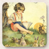 Dessous-de-verre Boy reading under tree with rabbits (Devant)