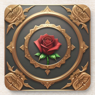 Dessous-de-verre Cadre doré complexe avec rose rouge