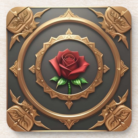 Dessous-de-verre Cadre doré complexe avec rose rouge (Devant)