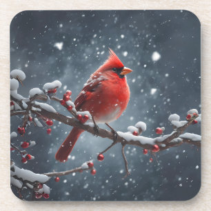 Dessous-de-verre Cardinal rouge sur la branche de l'arbre en neige