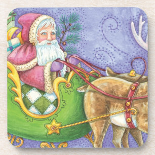 Dessous-de-verre Caricature de Noël Santa Claus Sleigh Reindeer