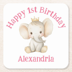 Dessous-de-verre Carré En Papier 1er anniversaire de bébé éléphant princesse person