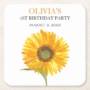 Dessous-de-verre Carré En Papier 1ère fête d'anniversaire Sunflower Baby Girl