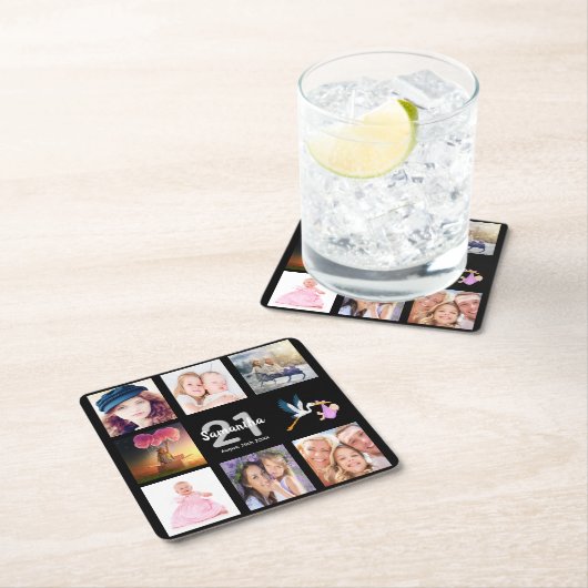 Dessous-de-verre Carré En Papier 21e anniversaire photo collage noir (En situation)