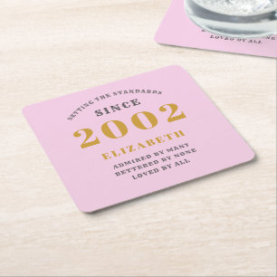 Dessous-de-verre Carré En Papier 21st Birthday Born 2002 Ajouter le nom Pink Grey