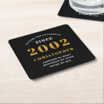 Dessous-de-verre Carré En Papier 21st Birthday Born 2002 Ajouter Nom Black Gold<br><div class="desc">Anniversaire personnalisé ajoutez votre nom et votre dessous de verre d'année. Modifiez le nom et l'année avec le modèle fourni. Un merveilleux accessoire de fête d'anniversaire personnalisé. Plus de cadeaux et de fournitures de fête disponibles avec le design "de normes de fixation" dans le magasin.</div>