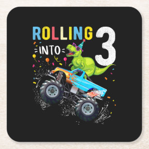 Dessous-de-verre Carré En Papier 3 ans Anniversaire Dinosaur Monster Famille de cam