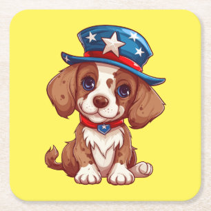 Dessous-de-verre Carré En Papier 4 juillet Chiot mignon avec Casquette américain-71