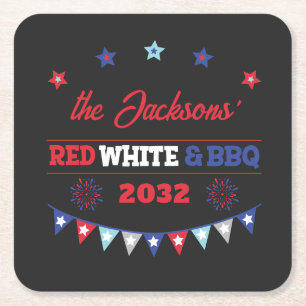 Dessous-de-verre Carré En Papier 4 juillet Rouge blanc et BBQ nom de famille patrio