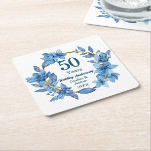 Dessous-de-verre Carré En Papier 50e Anniversaire de Mariage Bleu Floral Or