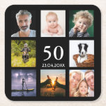 Dessous-de-verre Carré En Papier 50e anniversaire fête photo collage mec noir<br><div class="desc">Un dessous de verre en papier pour une fête du 50e anniversaire pour un type, célébrant sa vie avec un collage de 8 de vos propres photos. Modèles pour l'âge de 50 ans et une date. Date de naissance ou date de la fête. Lettres de couleur blanche. Arrière - plan...</div>