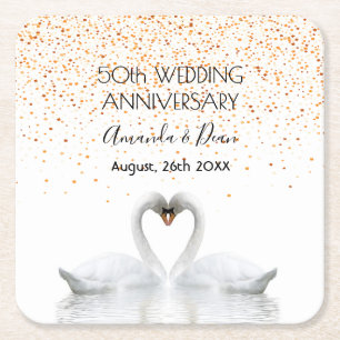 Dessous-de-verre Carré En Papier 50e anniversaire mariage d'or cygnes blancs en amo
