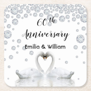 Dessous-de-verre Carré En Papier 60e anniversaire de mariage diamant cygnes blancs