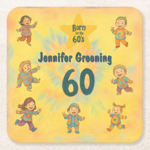 Dessous-de-verre Carré En Papier 60e anniversaire Retro né dans les années 60 Hippy