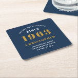 Dessous-de-verre Carré En Papier 60th Birthday Born 1963 Ajouter Nom Blue Gold<br><div class="desc">Anniversaire personnalisé ajoutez votre nom et votre dessous de verre d'année. Modifiez le nom et l'année avec le modèle fourni. Un merveilleux accessoire de fête d'anniversaire personnalisé. Plus de cadeaux et de fournitures de fête disponibles avec le design "de normes de fixation" dans le magasin.</div>