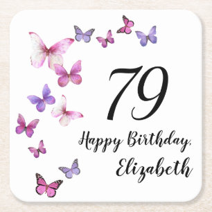 Dessous-de-verre Carré En Papier 79e Anniversaire Papillons Rose Violet