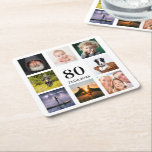 Dessous-de-verre Carré En Papier 80e anniversaire fête photo collage mec<br><div class="desc">Un dessous de verre pour une fête de 80ème anniversaire pour un type,  célébrant sa vie avec un collage de 8 de vos propres photos. Modèles pour l'âge de 80 ans et une date. Date de naissance ou date de la fête. Lettres de couleur noire. Fond blanc.</div>