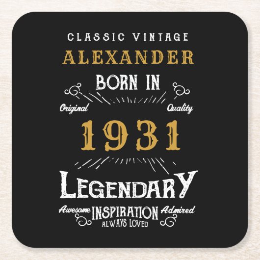 Dessous-de-verre Carré En Papier 90e anniversaire personnalisé Né en 1931 Noir Vint (Devant)