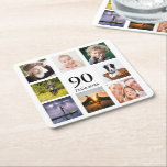 Dessous-de-verre Carré En Papier 90e anniversaire photo collage blanc<br><div class="desc">Un dessous de verre pour une fête du 90e anniversaire pour un type,  célébrant sa vie avec un collage de 8 de vos propres photos. Modèles pour l'âge de 90 ans et une date. Date de naissance ou date de la fête. Lettres de couleur noire. Fond blanc.</div>
