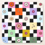 Dessous-de-verre Carré En Papier À damiers coloré rétro marguerite<br><div class="desc">à damiers - Motif Retro Colorful Flower Check - Checkerboard.</div>