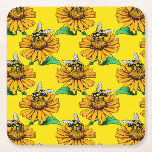 Dessous-de-verre Carré En Papier Abeille sur motif de fleur de tournesol jaune Desi