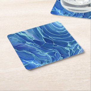 Dessous-de-verre Carré En Papier Abstraction acrylique marbrée bleu et blanc