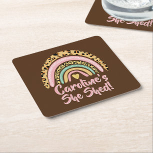 Dessous-de-verre Carré En Papier Add Name She Shed Leopard Print Pink Rainbow Heart