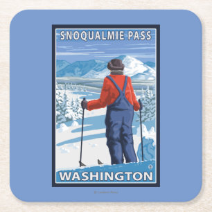 Dessous-de-verre Carré En Papier Admirer de skieur - passage de Snoqualmie,