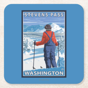 Dessous-de-verre Carré En Papier Admirer de skieur - passage de Stevens, Washington