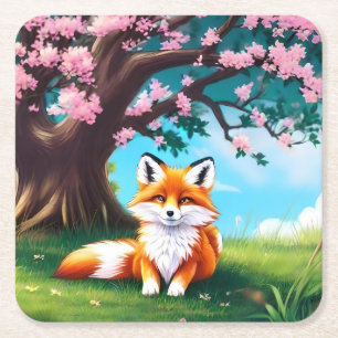 Dessous-de-verre Carré En Papier Adorable Renard assis sous l'arbre