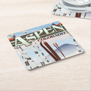 Dessous-de-verre Carré En Papier Affiche de ski de style vintage Aspen Colorado.