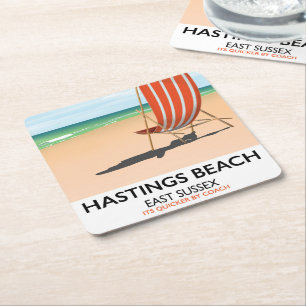 Dessous-de-verre Carré En Papier Affiche de voyage vintage de Hastings Beach, East